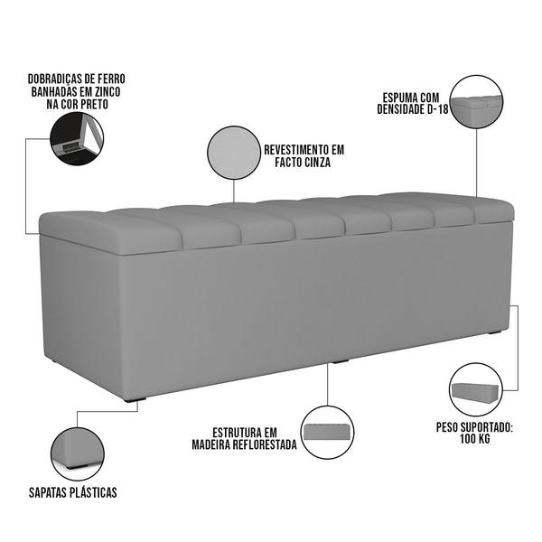 Imagem de Kit Cabeceira Cama Box Casal 140cm Com Calçadeira Recamier Baú Dália W01 Facto Cinza - Lyam Decor