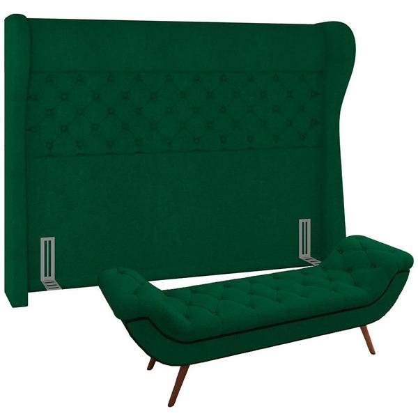 Imagem de Kit Cabeceira Cama Box Casal 160 cm Madrid com Puff Recamier Santorini Bouclê Verde - Lyam Decor