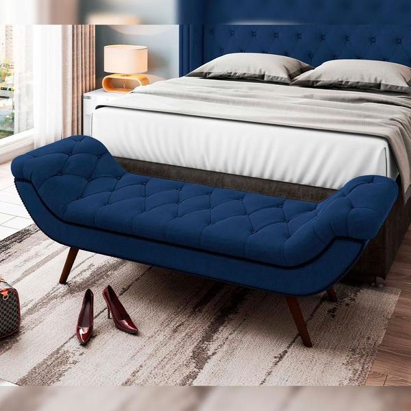 Imagem de Kit Cabeceira Cama Box Casal 160 cm Madrid com Puff Recamier Santorini Veludo Azul Marinho - Lyam Decor