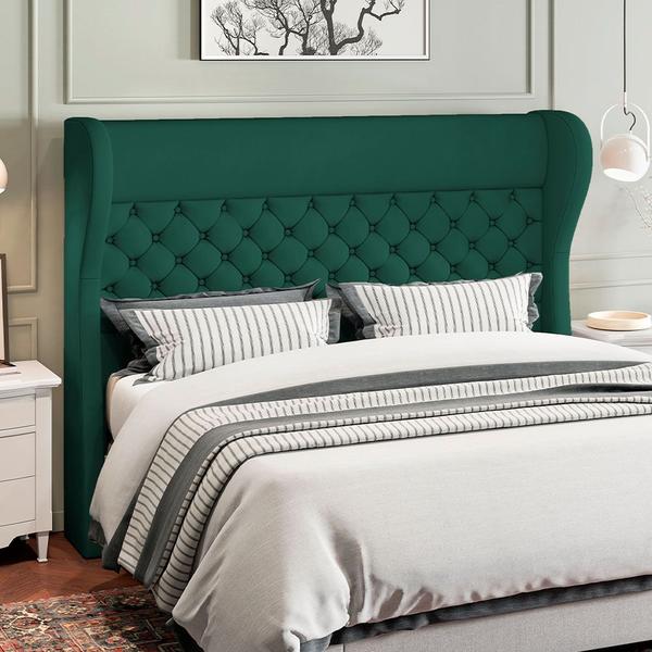 Imagem de Kit Cabeceira Cama Box Casal 195 cm Madrid com Puff Recamier Santorini P05 Veludo Verde - Lyam Decor