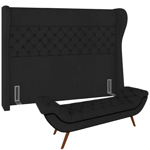 Imagem de Kit Cabeceira Cama Box Casal 195 cm Madrid com Puff Recamier Santorini Veludo Preto - Lyam Decor