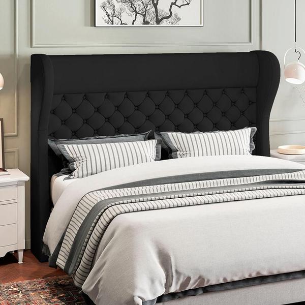 Kit Cabeceira Cama Box Casal 195 cm Madrid com Puff Recamier Santorini Veludo Preto - Lyam Decor Imagem de Kit Cabeceira Cama Box Casal 195 cm Madrid com Puff Recamier Santorini Veludo Preto - Lyam Decor