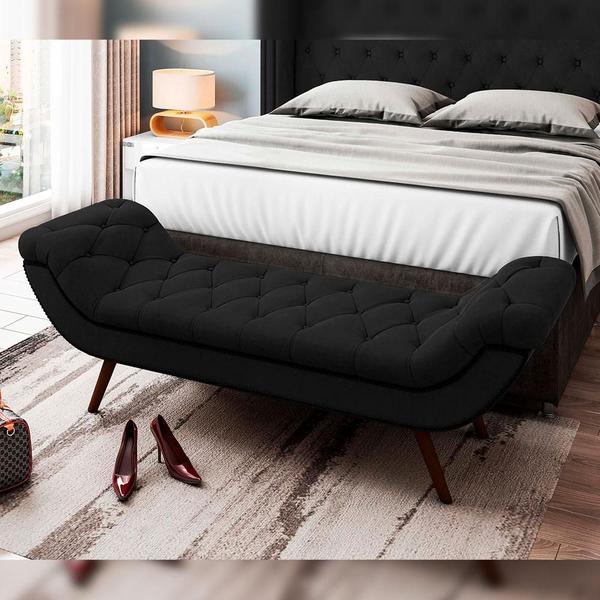 Kit Cabeceira Cama Box Casal 195 cm Madrid com Puff Recamier Santorini Veludo Preto - Lyam Decor Imagem de Kit Cabeceira Cama Box Casal 195 cm Madrid com Puff Recamier Santorini Veludo Preto - Lyam Decor