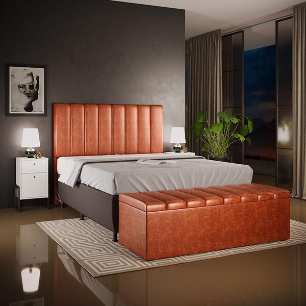 Imagem de Kit Cabeceira Cama Box Casal King 195cm com Calçadeira Baú Dália W01 material sintético Camel - Lyam