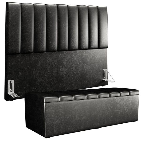 Imagem de Kit Cabeceira Cama Box Casal King 195cm com Calçadeira Baú Dália W01 material sintético Preto - Lyam