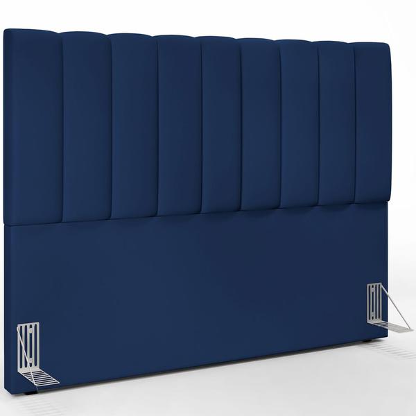 Imagem de Kit Cabeceira Cama Box Casal King 195cm com Calçadeira Baú Dália W01 Suede Azul Marinho - Lyam