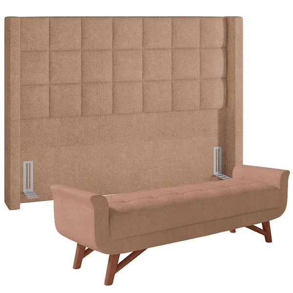 Imagem de Kit Cabeceira Cama Box Paris 160 cm com Puff Recamier Itália P05 Bouclê Bege - Lyam Decor