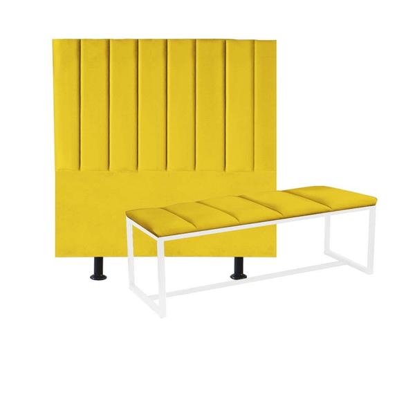 Imagem de Kit Cabeceira Carla e Calçadeira Industrial 140cm Casal Box Ferro Branco material sintético Amarelo - Ahazzo Móveis