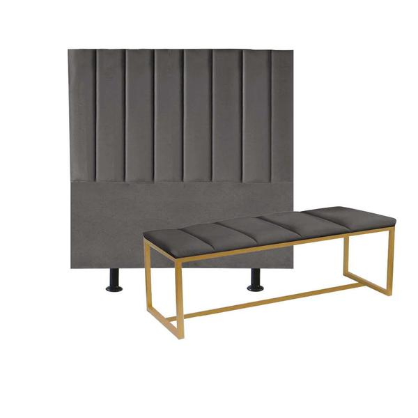 Imagem de Kit Cabeceira Carla e Calçadeira Industrial 160cm Queen Size Box Ferro Dourado Sintético Cinza Escuro - Ahz Móveis