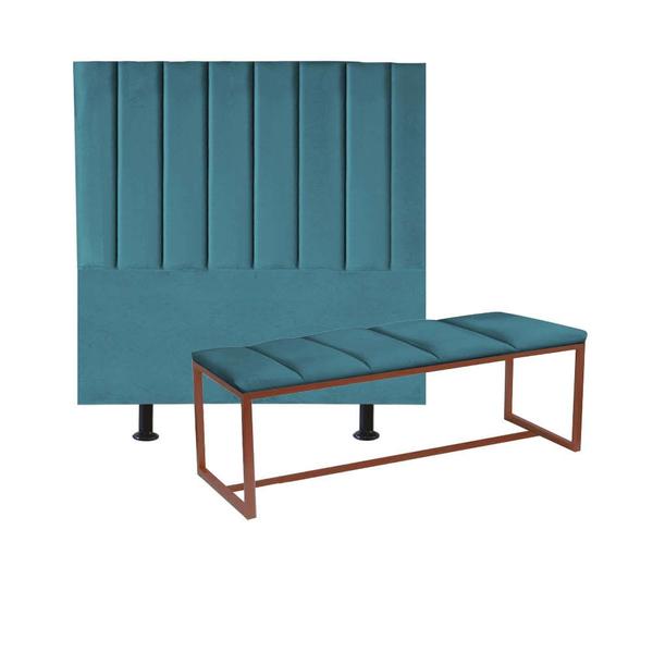 Imagem de Kit Cabeceira Carla e Calçadeira Industrial 195cm King Size Box Ferro Bronze Suede Azul Turquesa - Ahz Móveis