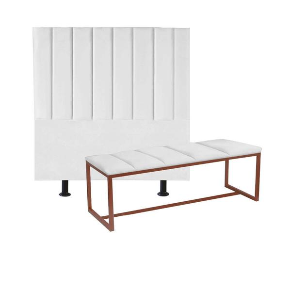 Imagem de Kit Cabeceira Carla e Recamier Industrial 195cm King Size Box Ferro Bronze material sintético Branco - Ahz Móveis