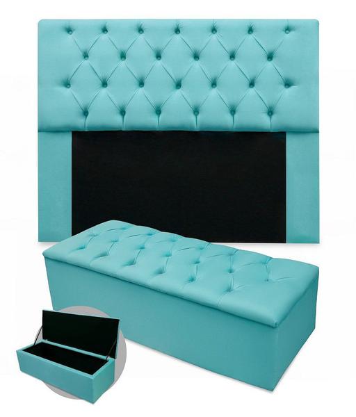 Imagem de Kit cabeceira cristal casal mais calçadeira 140cm suede azul turquesa