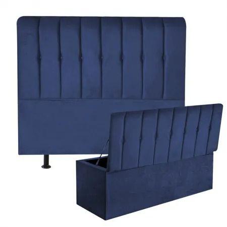 Imagem de Kit Cabeceira de Cama Box Casal Com Recamier Akira 140 CM material sintético Azul Marinho - Móveis Mafer