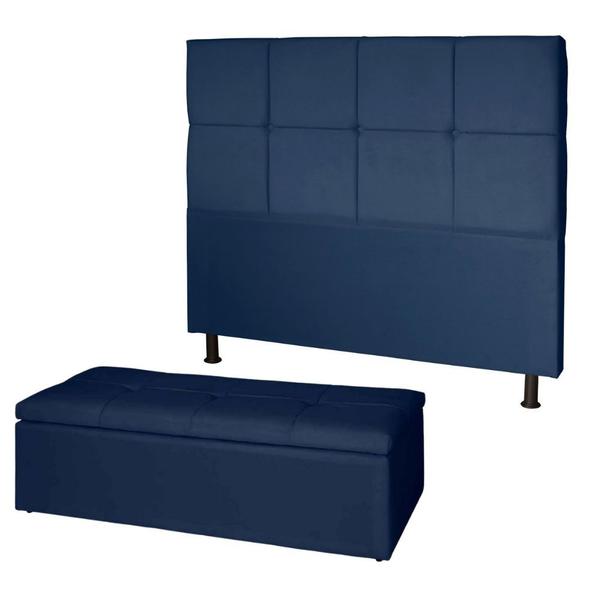 Imagem de Kit Cabeceira de Cama Box Casal com Recamier Carol 140 cm material sintético Azul Marinho - Móveis Mafer