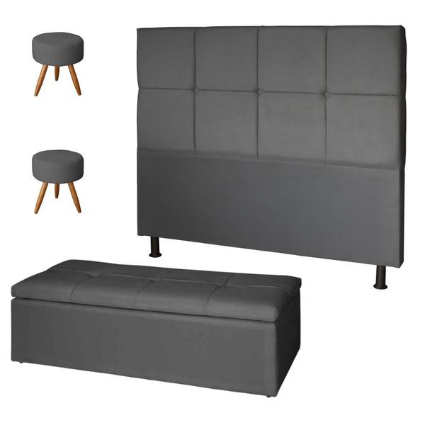 Imagem de Kit Cabeceira de Cama Box King Com Recamier Damares 195 CM e 02 Puff material sintético Cinza - Móveis Mafer