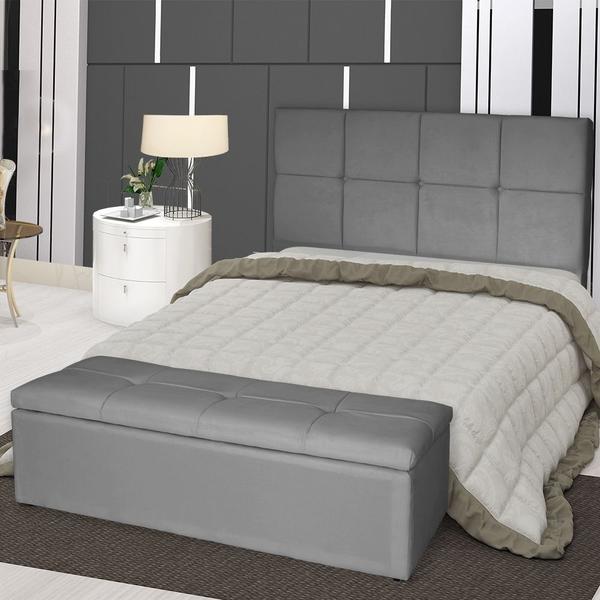 Imagem de Kit Cabeceira de Cama Box King Com Recamier Damares 195 CM e 02 Puff material sintético Cinza - Móveis Mafer