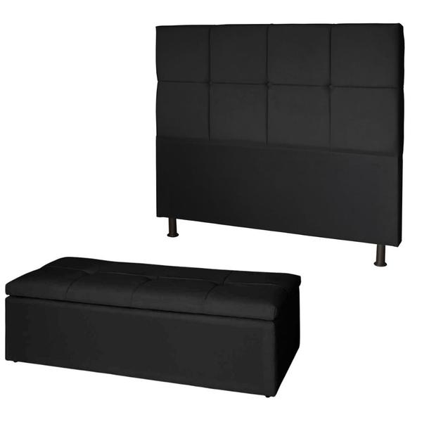 Imagem de Kit Cabeceira de Cama Box King Com Recamier Damares 195 CM e 02 Puff Suede Preto - Móveis Mafer