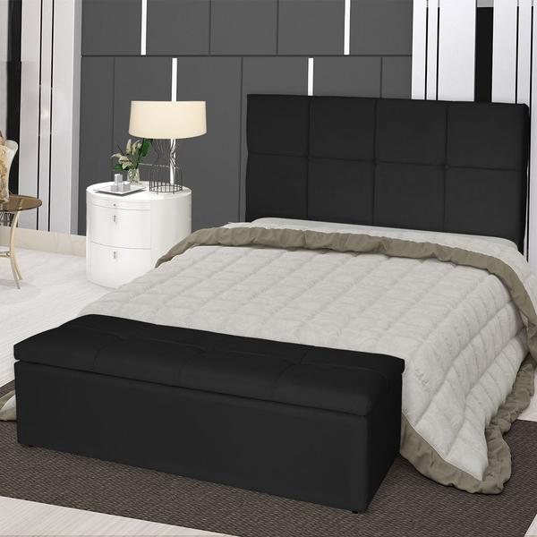 Imagem de Kit Cabeceira de Cama Box Queen com Recamier Carol 160 cm material sintético Preto - Móveis Mafer