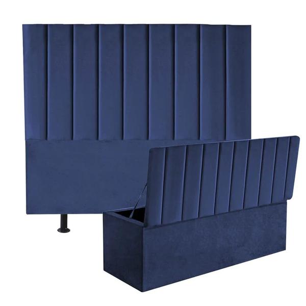 Imagem de Kit Cabeceira de Cama Box Queen Com Recamier Hana 160 CM Suede Azul Marinho - Móveis Mafer