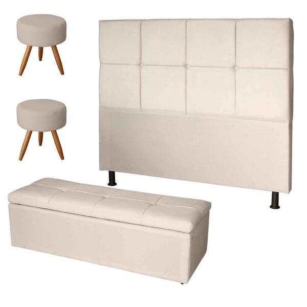 Imagem de Kit Cabeceira de Cama Box Solteiro Com Recamier Damares 90 CM e 02 Puff material sintético Bege - Móveis Mafer