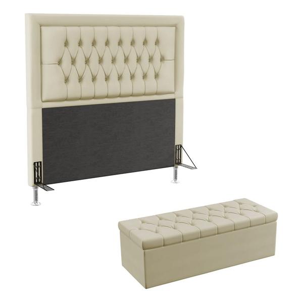 Imagem de Kit Cabeceira Decorativa Para Cama Box Pegasus e Calçadeira Sagitarius 160 Para Cama Queen Sued Bege Aradecor