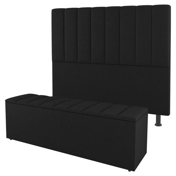 Imagem de Kit Cabeceira e Baú Cama Box Queen Size Cora 160cm Suede Preto - Desk Design