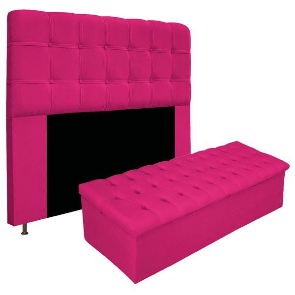 Imagem de Kit Cabeceira e Calçadeira Baú Estofada Mel 160 cm Queen Size Com Capitonê Suede Pink - Doce Sonho Móveis