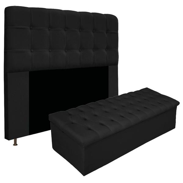 Imagem de Kit Cabeceira e Calçadeira Baú Estofada Mel 160 cm Queen Size Com Capitonê Suede Preto - Doce Sonho Móveis