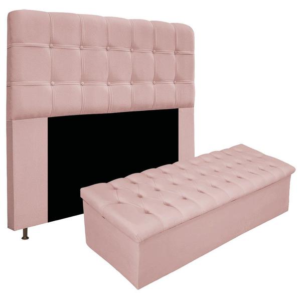 Imagem de Kit Cabeceira e Calçadeira Baú Estofada Mel 160 cm Queen Size Com Capitonê Suede Rosê - ADJ Decor