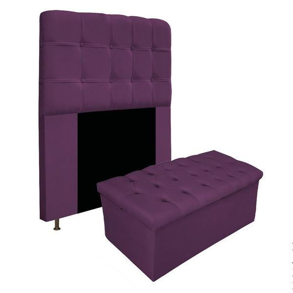 Imagem de Kit Cabeceira e Calçadeira Baú Estofada Mel 90 cm Solteiro Com Capitonê Suede Roxo - ADJ Decor