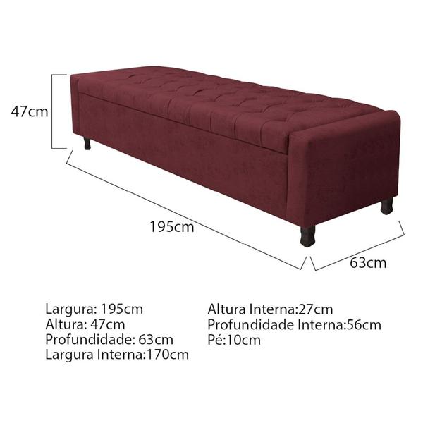 Imagem de Kit Cabeceira e Calçadeira Baú King Everest P02 195 cm para cama Box Suede Bordô - Amarena Móveis