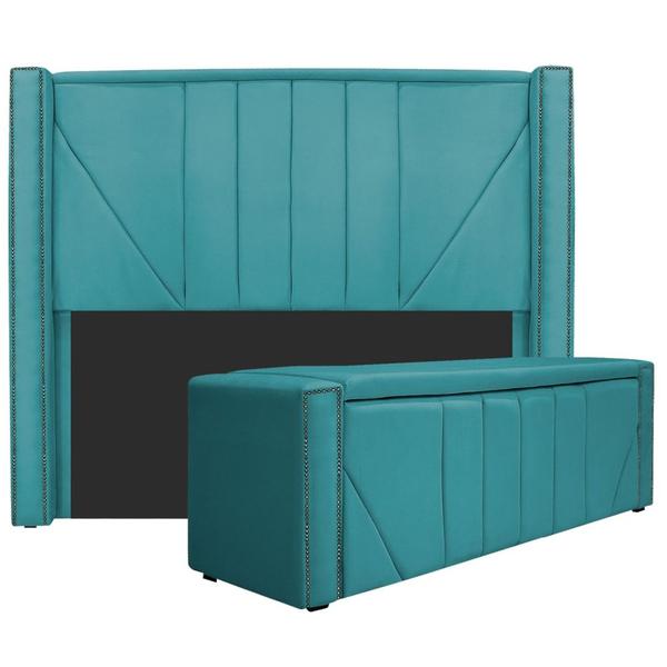 Imagem de Kit Cabeceira e Calçadeira Baú King Minsk P02 195 cm para cama Box Suede Azul Turquesa - Amarena Móveis