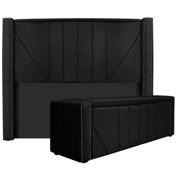 Imagem de Kit Cabeceira e Calçadeira Baú King Minsk P02 195 cm para cama Box Suede Preto - Amarena Móveis