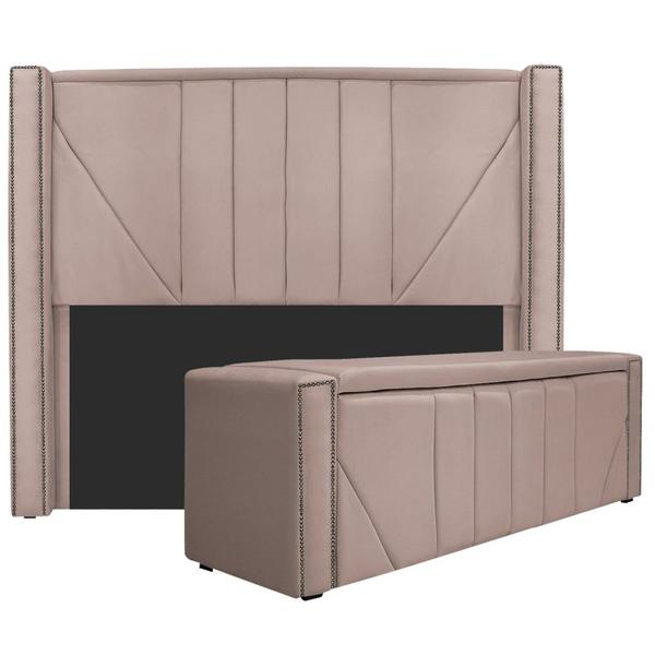 Imagem de Kit Cabeceira e Calçadeira Baú King Minsk P02 195 cm para cama Box Suede Rosê - Amarena Móveis