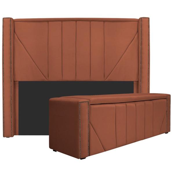 Imagem de Kit Cabeceira e Calçadeira Baú King Minsk P02 195 cm para cama Box Suede Terracota - Amarena Móveis