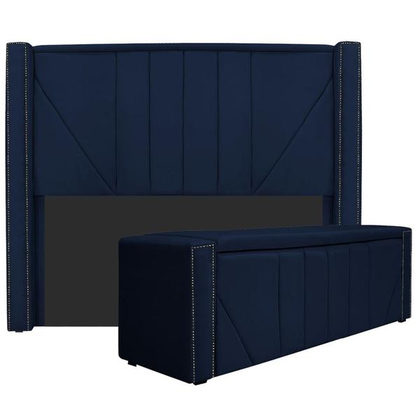 Imagem de Kit Cabeceira e Calçadeira Baú Solteiro Minsk P02 90 cm para cama Box Suede Azul Marinho - Amarena Móveis