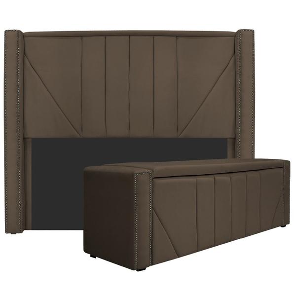 Imagem de Kit Cabeceira e Calçadeira Baú Solteiro Minsk P02 90 cm para cama Box Suede Marrom - Amarena Móveis