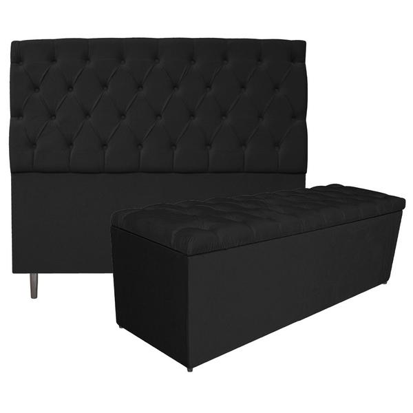 Imagem de Kit Cabeceira e Calçadeira Liverpool 160 cm Queen Size Suede Preto - Doce Sonho Móveis