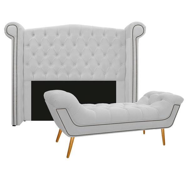 Imagem de Kit Cabeceira e Calçadeira Veneza 140 cm Casal Corano Branco - ADJ Decor