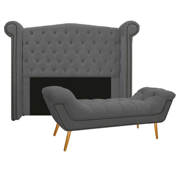 Imagem de Kit Cabeceira e Calçadeira Veneza 160 cm Queen Size Suede Cinza - Amarena Moveis