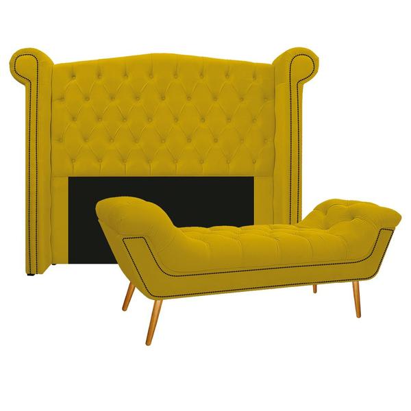 Imagem de Kit Cabeceira e Calçadeira Veneza 195 cm King Size Suede Amarelo - Doce Sonho Móveis