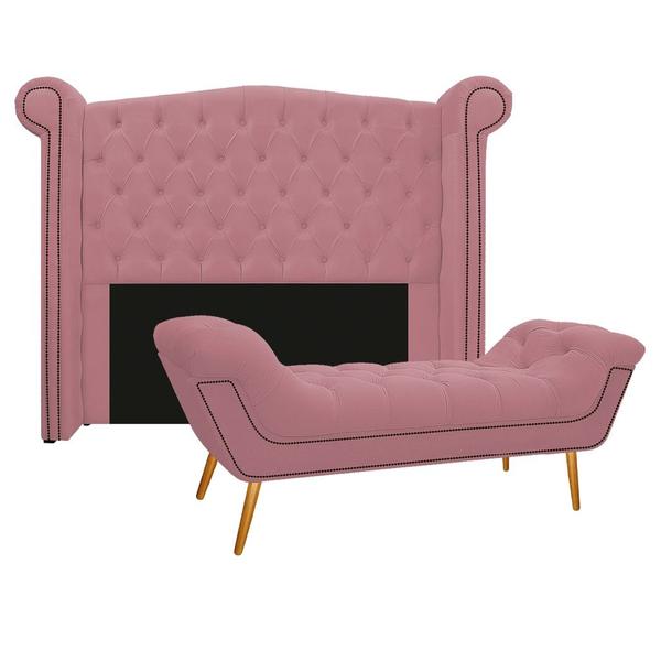 Imagem de Kit Cabeceira e Calçadeira Veneza 195 cm King Size Suede Rosa Bebê - Amarena Moveis