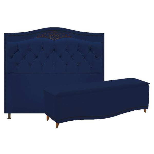 Imagem de Kit Cabeceira e Calçadeira Yasmim 160 cm Queen Size Suede Azul Marinho - Amarena Móveis