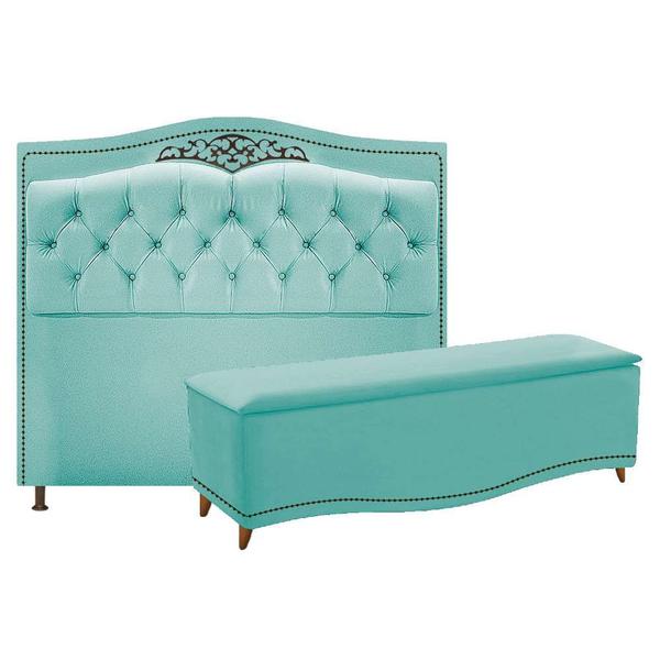 Imagem de Kit Cabeceira e Calçadeira Yasmim 160 cm Queen Size Suede Azul Tiffany - Amarena Móveis