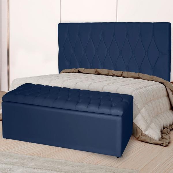 Imagem de Kit Cabeceira Estofada Casal com Recamier Bau King 195 cm para Cama Box Azul Marinho Livia Mafer