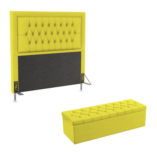 Imagem de Kit Cabeceira Estofada Decorativa Pegasus e Calçadeira Sagitarius 195 Para Cama King Sued Amarelo Aradecor