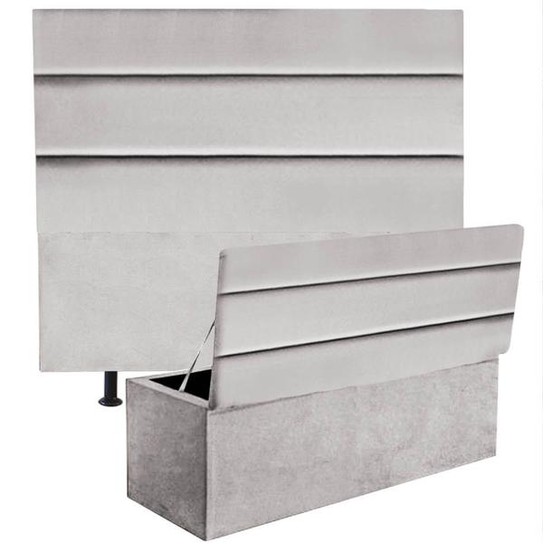 Imagem de Kit Cabeceira Estofada e Calçadeira Baú Recamier Argent 100cm Solteiro material sintético Cinza Claro - Ahazzo Móveis