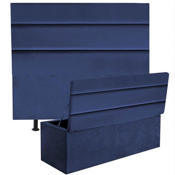 Imagem de Kit Cabeceira Estofada e Calçadeira Baú Recamier Argent 160cm Queen Size Suede Azul Marinho - Ahazzo Móveis