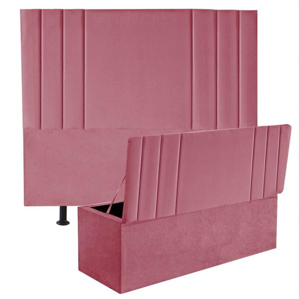 Imagem de Kit Cabeceira Estofada e Calçadeira Baú Recamier Grécia 160cm Queen Size Suede Rosa Bebê - Ahazzo Móveis