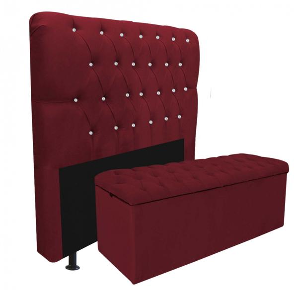 Imagem de Kit Cabeceira Estofada e Calçadeira Recamier Paris 140cm Casal Strass Suede Vermelho - Ahazzo Móveis